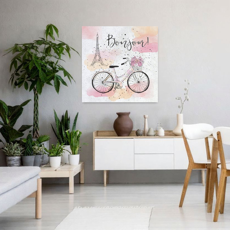 Bonjour, Paris, vélo, élégante fleur romantique moderne, impression murale, 36" H x 36" W