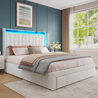Bed Frame With Led Light And 3 Drawers Storage