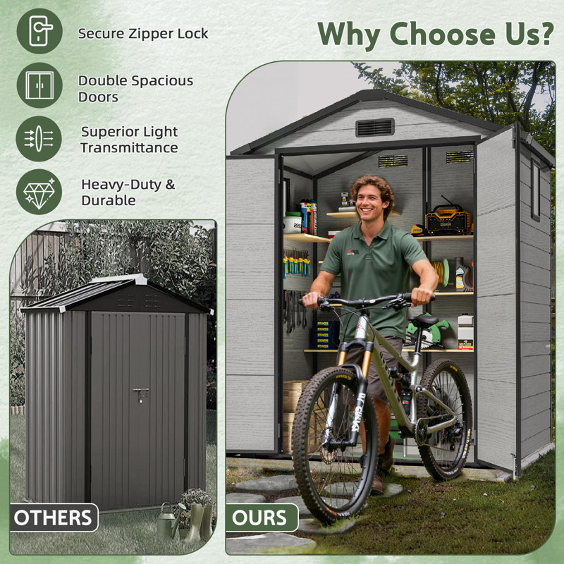 6 ft. W x 4 ft. D Durable Resin Outdoor Storage Shed With Floor, Waterproof UV-Resistant Plastic Garden Shed For Backyard Tools, Bikes & Equipment, Durable All-Weather Storage Shed For Outside