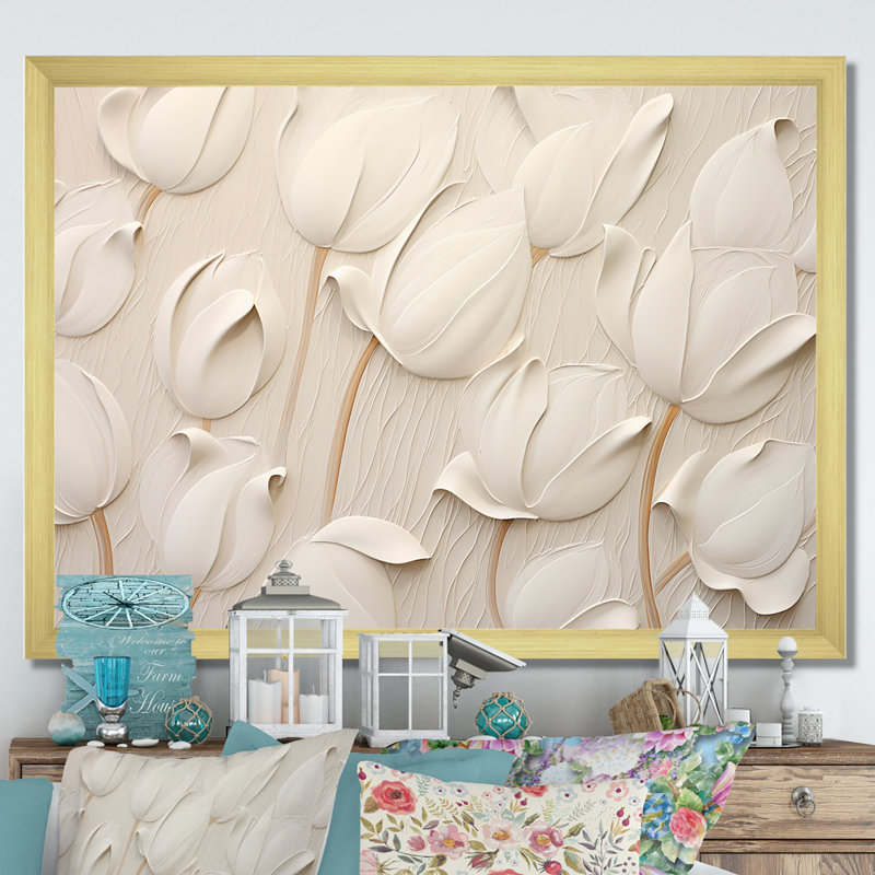 Minimalisme, tulipes blanches symphonie - tulipes, art mural, Cadre photo unique, H 16 po x l 32 po, Doré