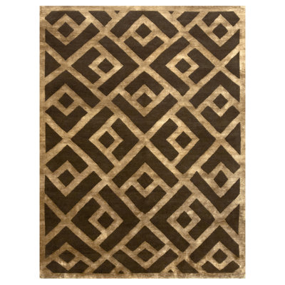 Tapis géométrique rectangulaire en soie / laine noué à la main brun / or