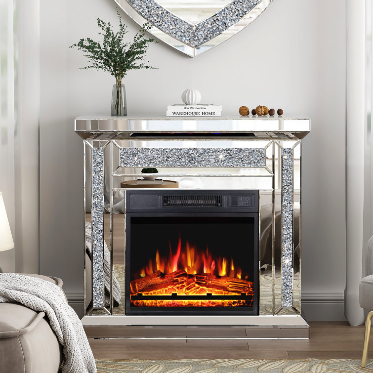 31.5'' W Small Electric Fireplace with Silver Mirrored Mantel, Crushed Diamonds inlay