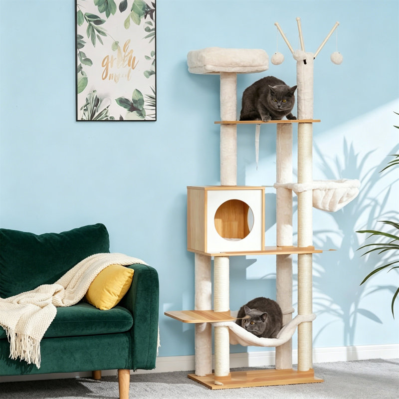 Arbre à chat 66,1 po en bois avec poteaux à griffer, hamacs et condo pour chats d'intérieur, Noyer