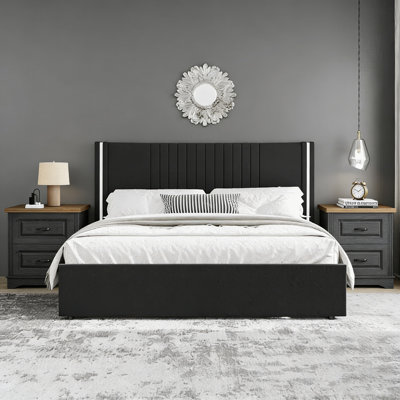 Modern Velvet Platform Bed With 2 Farmhouse Nightstands – 3-Piece Bedroom Set