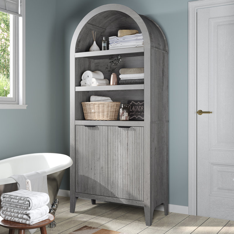 Shazier 5 Tiers 72" Arched with Fluted Doors Bookcase, Cabinet Floor Standing Bookshelf, Gray
