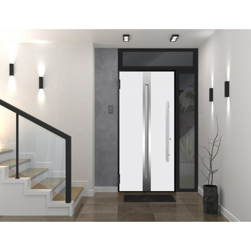 Porte d'entrée extérieure prémontée en acier Deux 1744, chêne naturel, côtés et partie supérieure extérieurs, fenêtres noires, inserts en acier inoxydable, style moderne, peinte, L 36 + 14 x H 80 + 16, ouverture à droite vers l'intérieur