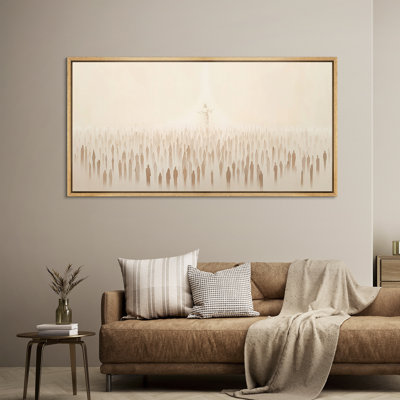 Jésus parmi la foule, toile encadrée - art spirituel minimaliste beige doux