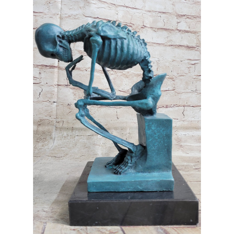 The Thinker Thinking Man Skeleton Bronze Metal Statue Sculpture Figure on Marble Base