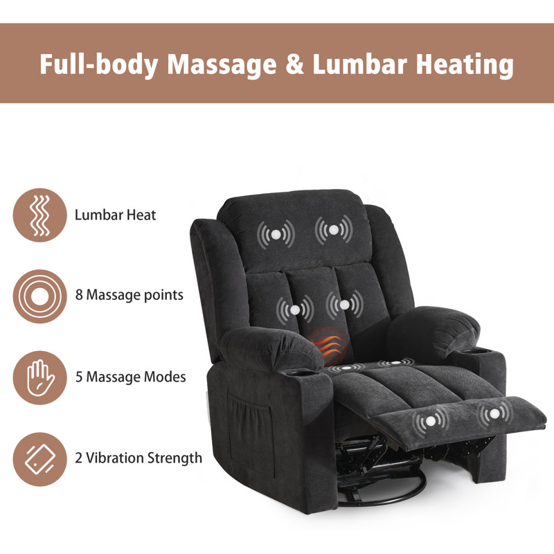 Latitude Run® Swivel Rocker Recliner Chair with Massage and Heat, Black