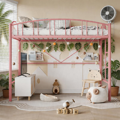 Loft Bed Twin Size withFlat Ladder Rung, Arched Safety Guardrail, Metal Loft Bed Frame, Sturdy Steel Slats Support, Small Space Saving Design, No Box Spring Needed,for Kids Teens Adults.