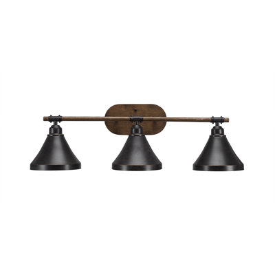 Blacksmith 3 Light Bath Bar Shown In Painted Wood-look Metal & Dark Granite Finish With 7" Dark Granite Metal Shades