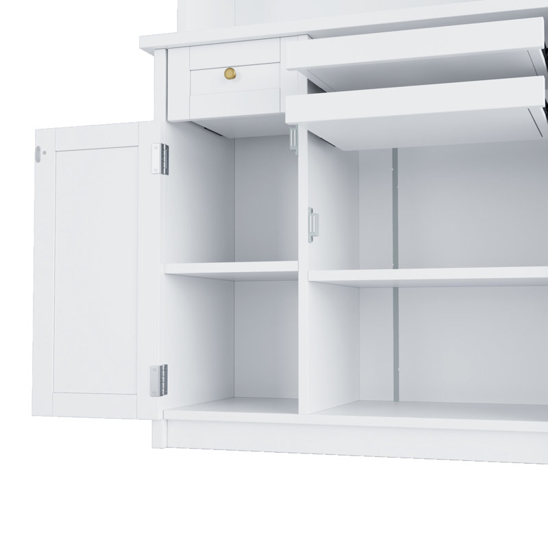 Buffet avec huche, garde-manger de style Shaker avec portes en verre trempé, tablettes réglables, porte-bouteilles et plateaux coulissants, buffet en MDF P2 avec dispositif anti-basculement - blanc