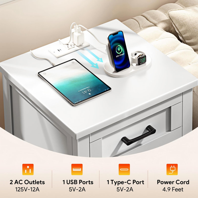 Set Of 2 Farmhouse Nightstands With Charging Station, Modern White End Tables With Power Outlets And USB Ports, Set of 2
