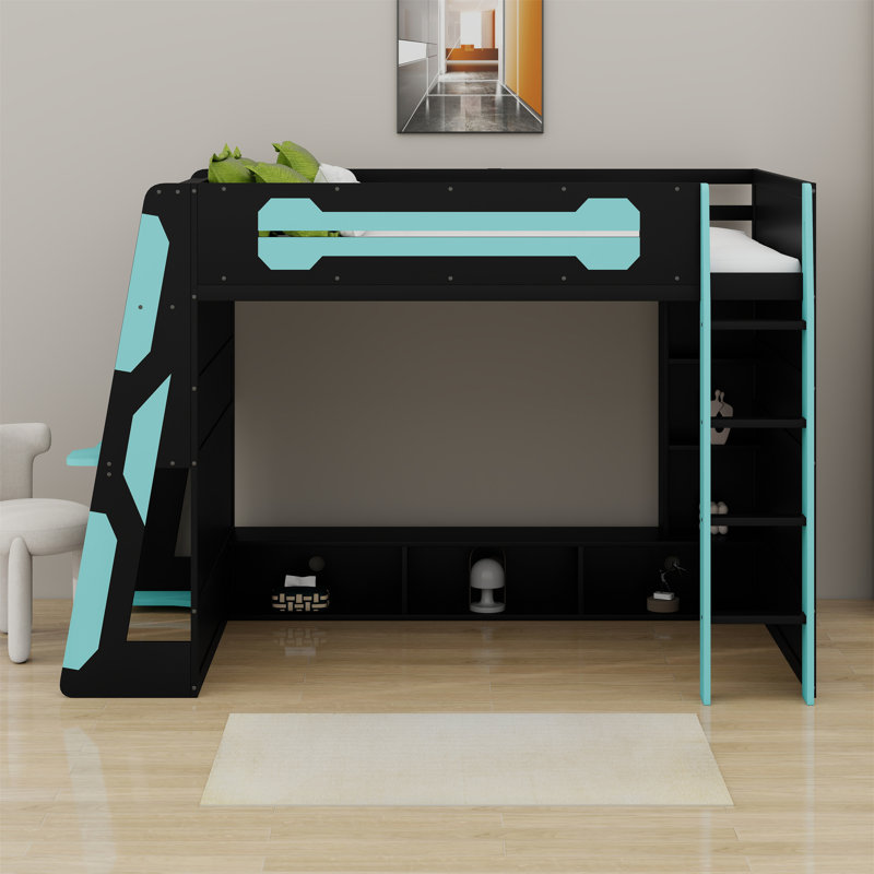 Lit mezzanine en bois avec bureau, tablettes multiples et lumière RVB, Bleu nuage