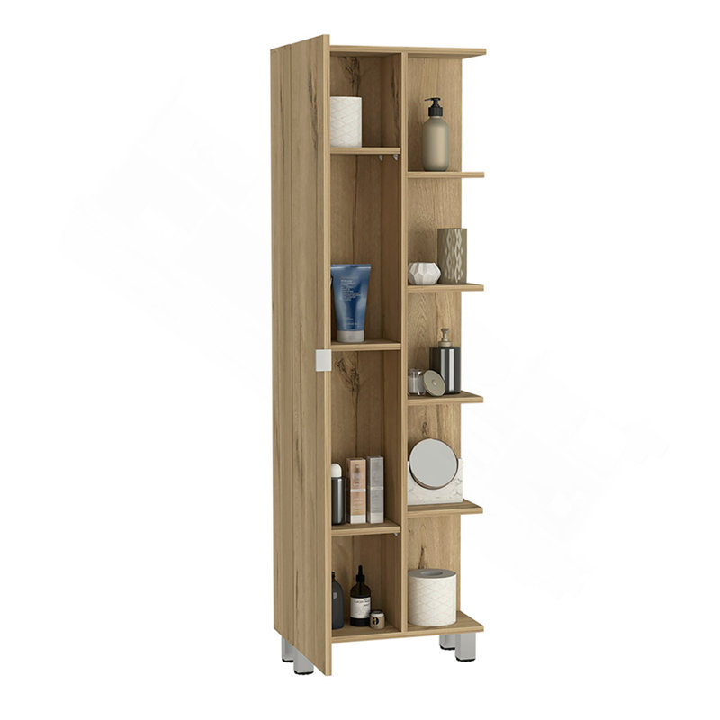 Armoire de coin, cinq tablettes ouvertes, une porte, finition chêne clair, Chêne clair