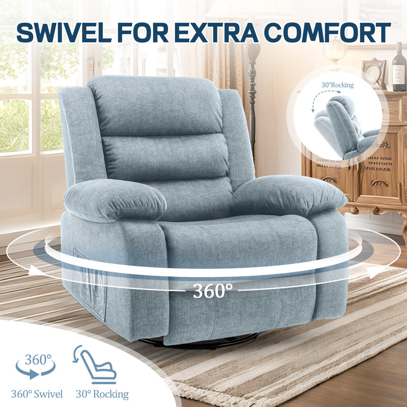 KORSER Recliner Chair With Heat And Massage,Oversized Recliner, 360°Swivel Manual Recliners For Living Room, Rocker Recliner With Side Pockets
