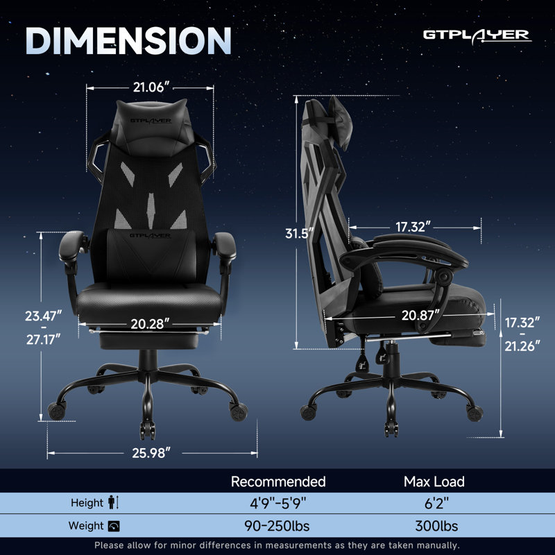 Gaming Chair, Reclining Chair with Mesh Back, Adjustable Headrest, Lumbar Support and Footrest, Black