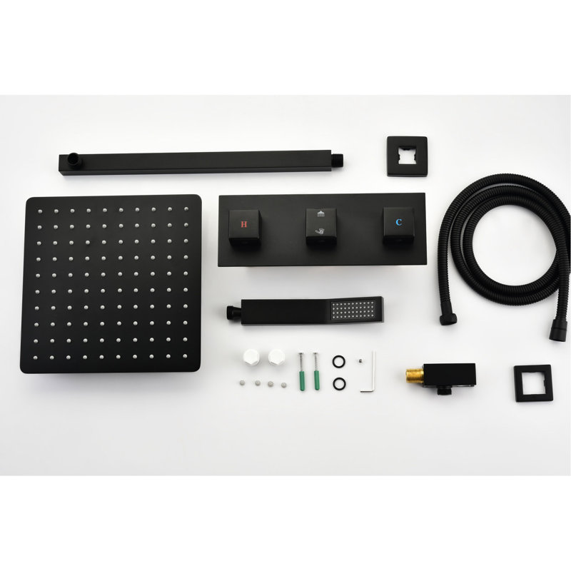Douche en laiton noir mat - pomme de pluie de 10 po avec douchette à main, mélangeur de pluie de luxe pour la salle de bain, buse autonettoyante pour un débit d'eau optimal, correspond au tuyau standard américain, valve incluse