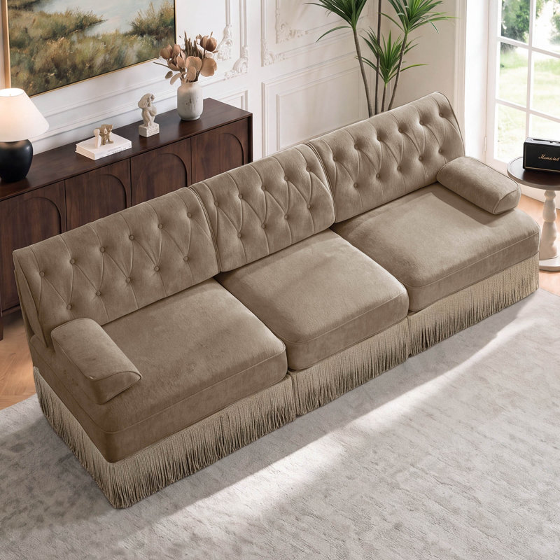Canapé Chesterfield en velours de 106 po avec jupe à franges, Velours brun clair, 3