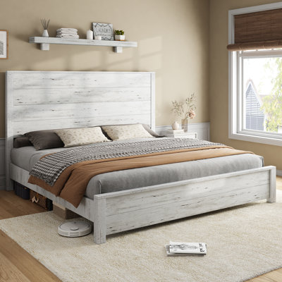51.2" Solid Wood Bed Frame, Rustic Platform Bed With Spliced Headboard
