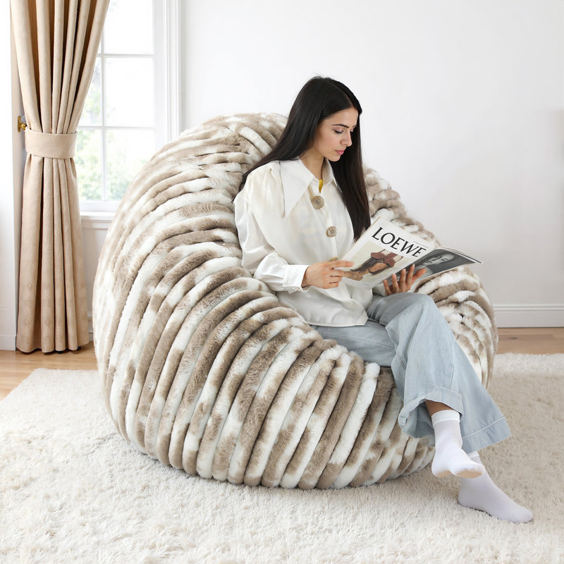 Oversized Large Round 5 Foot Giant Foam Filled Faux Rabbit Fur Bean Bag Sofa with Soft Removeable Cover, White/Brown 