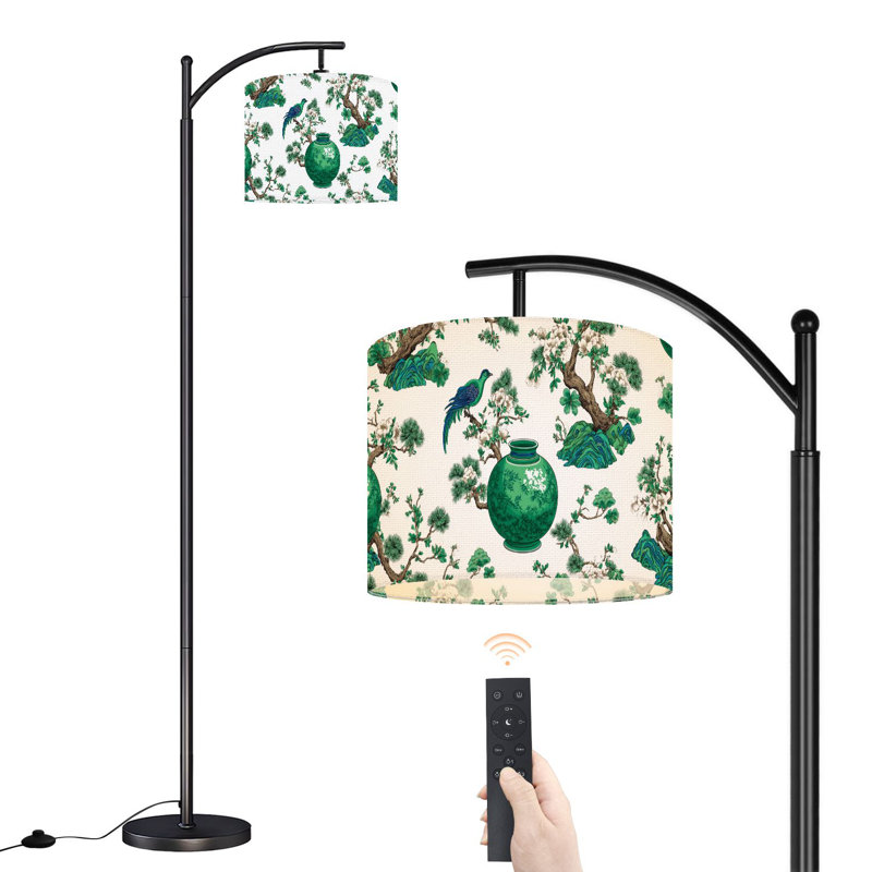 Arc Floor Lamp with Adjustable Lampshade Ming Vase Green Chinoiserie Asian Inspired Peonies Cherry Blossoms Standing Lamp 3 Color Temperatures Dimmable Tall Pole Lamp with Foot Switch for Bedroom