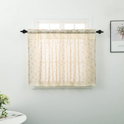 Rideau court en coton et lin, 91 cm de long, élégant rideau fleuri en dentelle, pour cuisine ou salle de bain, 1 panneau, motif petites herbes et fleurs sur fond beige