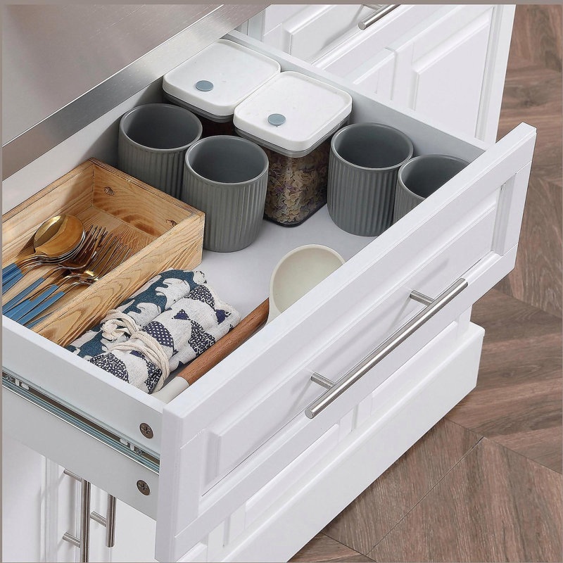 Rolling kitchen island with storage space, portable kitchen trolley with stainless steel top, 2 drawers, spice, knife, and towel rack, and cabinets, white