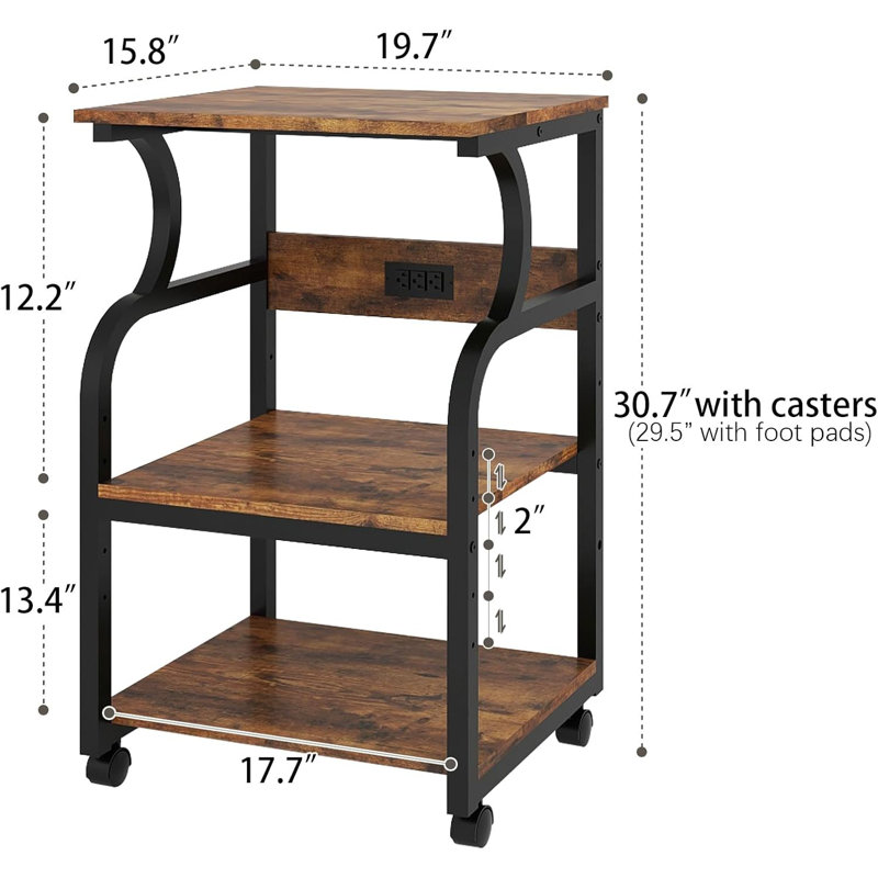 Support pour imprimante H 29,5 po x l 20 po avec tablette de rangement réglable et chariot utilitaire, Brown