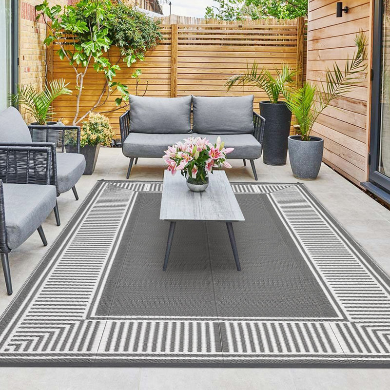 10x14ft Gray White Waterproof Reversible Outdoor Plastic Mat, UV Resistant Lightweight Collapsible Easy Clean Floor Rug for Patio Garden Camping Porch Deck Balcony