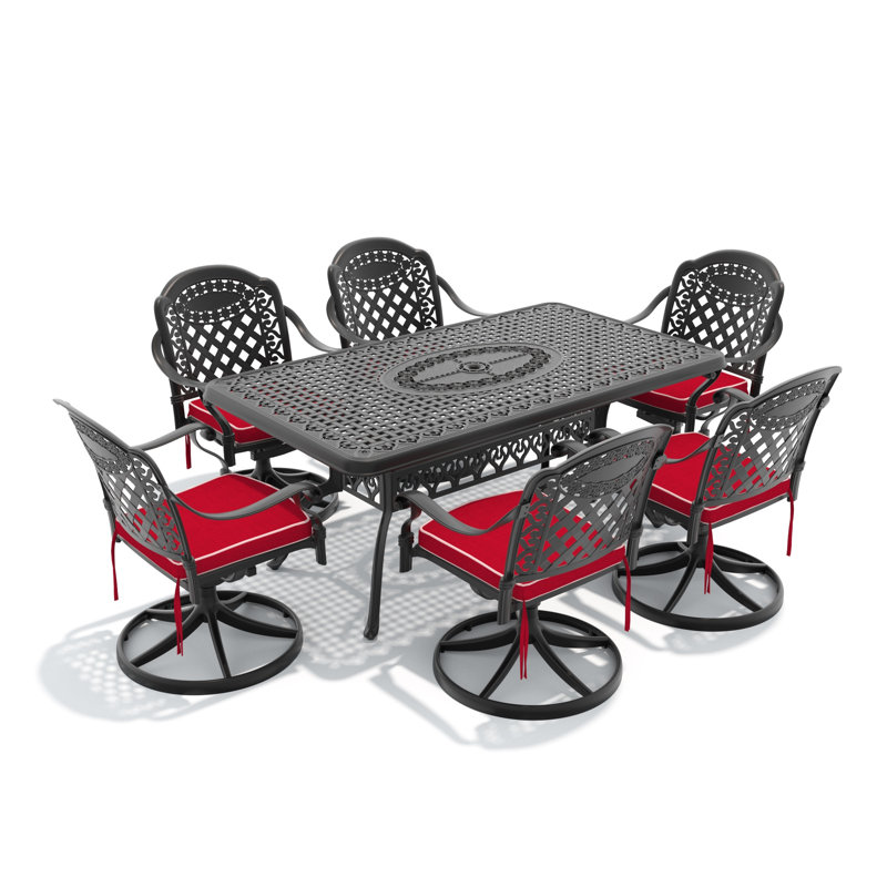 Ensemble de salle à manger d'extérieur 7 pièces en aluminium coulé 7 pièces avec 6 chaises pivotantes et coussins, noir