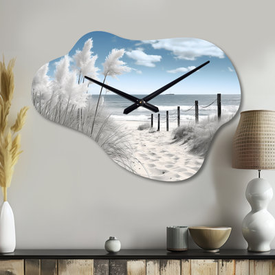 Beach Seascape Dreams Path II - Beach Cloud Metal Wall Clock, Grey Asymmetrical Wall Clock Print