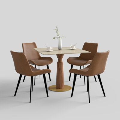 5-Piece Modern Square Stone Conference Table Set, With 4 Faux Leather Chairs
