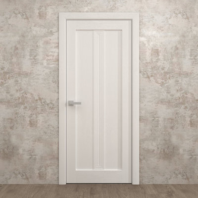 Porte intérieure française pleine 42 x 84 pouces Ego 5006 en chêne blanc peint, panneau simple, cadre standard, poignée, pour salle de bain ou chambre, style moderne