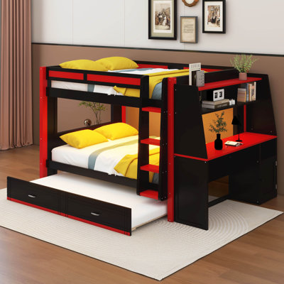 Lit superposé de jeu avec bureau, étagères et lit gigogne, lit superposé en bois avec éclairage DEL, sommier à lattes pour adultes et adolescents
