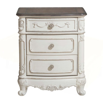 Victorian Style Antique White and Oak Finish 3-Drawer Nightstand with Carving Design for Classic Traditional Bedrooms