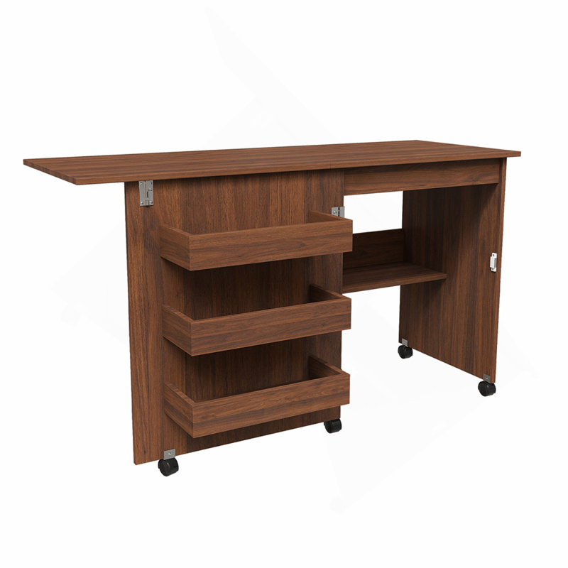 Table de couture pliante en noyer 4-en-1 avec roues verrouillables - Poste de travail multifonctionnel, table de bout, bureau d'ordinateur et rangement de cuisine avec tablettes, table de machine à coudre roulante pour appartements