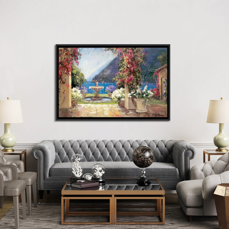 « seaside fontaine », reproduction sur toile, H 18 po x l 26 po x P 1,5 po, Toile avec cadre noir, Pas de tapis