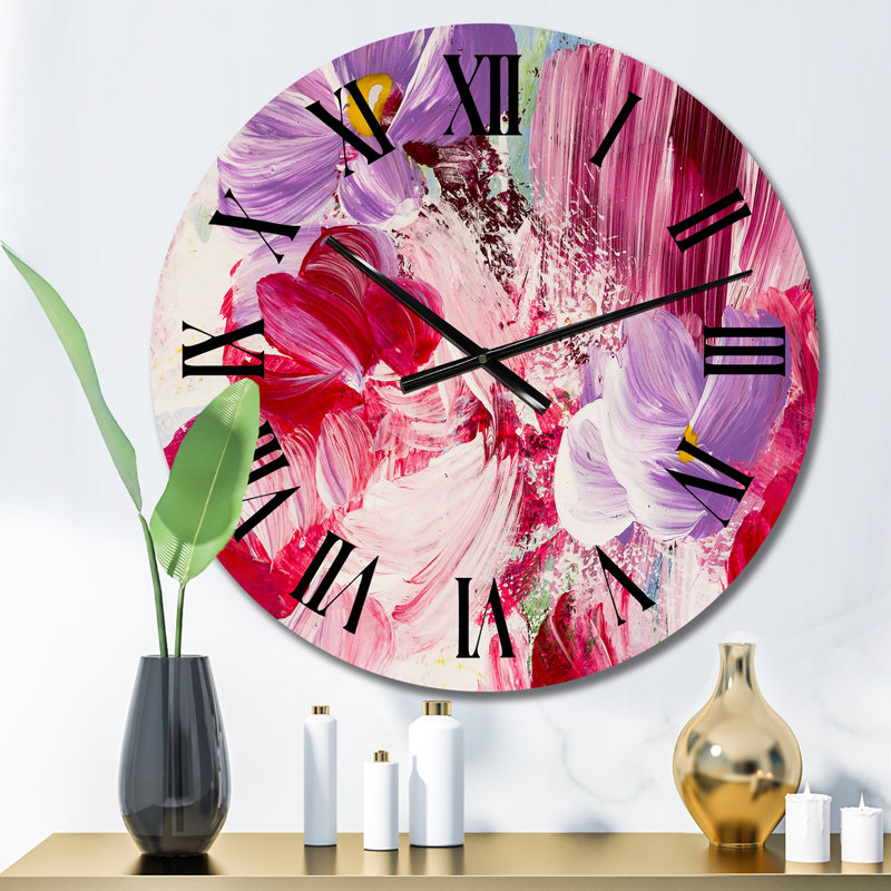 Fleurs abstraites rouges et mauves - Horloge murale moderne, Petit