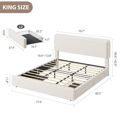 Teddy Fleece King Size Bed Frame, Cloud Cream Bed Frame with 2 Storage Drawer and Adjustable Headboard, Soft Teddy Fabric, No Box Spring Required, Easy Assembly, Cream