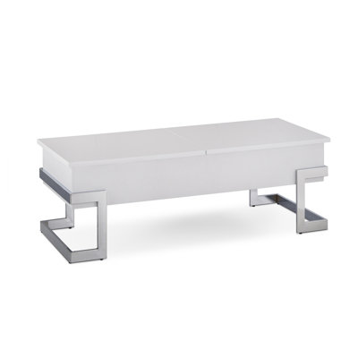 Table basse blanche brillante et chromée avec plateau relevable