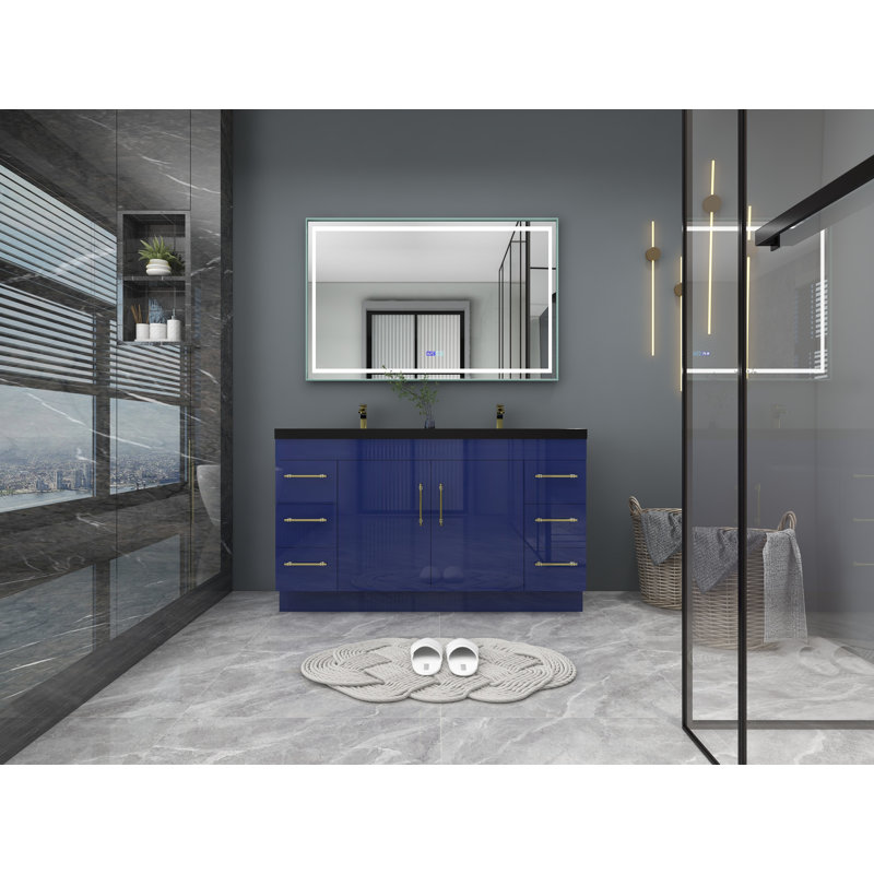 Ensemble de meuble-lavabo double 60 po Campbelle, Bleu nuit brillant, Or mat