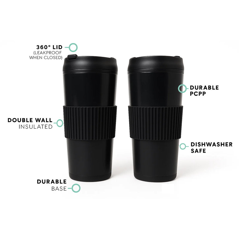 Gobelet de voyage à double paroi Mesa, noir, 20 oz, ensemble de 2, Noir