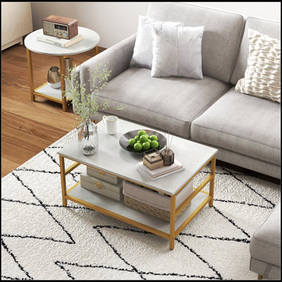 Ensemble de 2 tables basses élégantes avec rangement, faux marbre et structure en acier doré pour les salons modernes