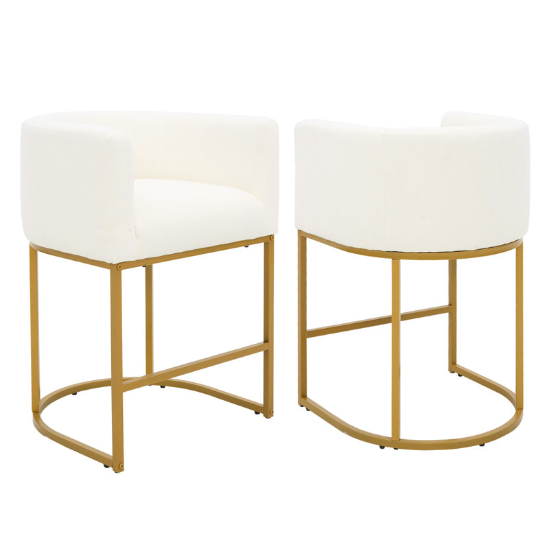 27" H Counter Height Barrel Bar Stools, Beige/Gold Frame, Black