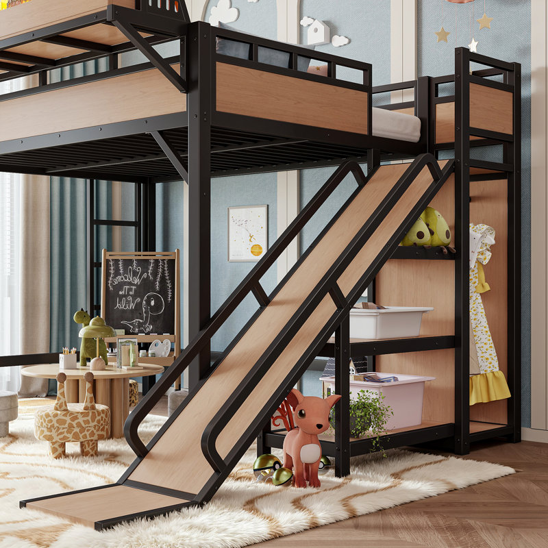 Lit mezzanine pleine grandeur en métal naturel avec glissade, garde-robe, tablettes, port USB et DEL, base de lit mezzanine sécuritaire