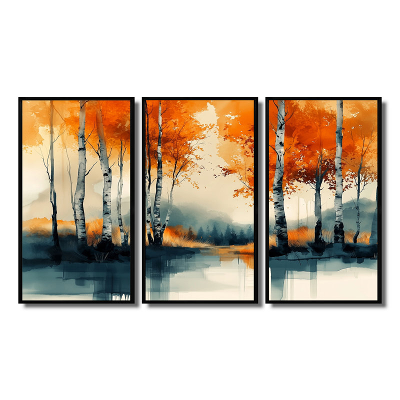 «Autumn Tree In Forest Panorama I», ensemble d'art mural forêt, H 28 po x l 36 po x P 1 po, Toile avec cadre flottant noir