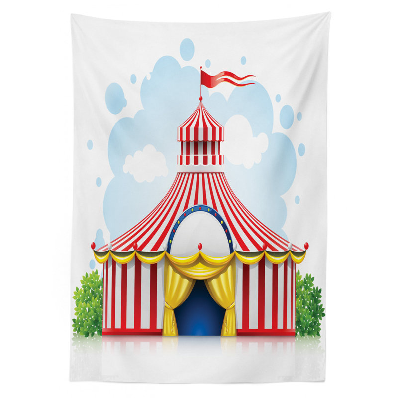 Circus Tablecloth, Striped Strolling Circus Marquee Tent With Flag Artwork Holiday Leisure Time Fun, Rectangular Table Cover For Dining Room Kitchen Decor, 60" X 84", Multicolor