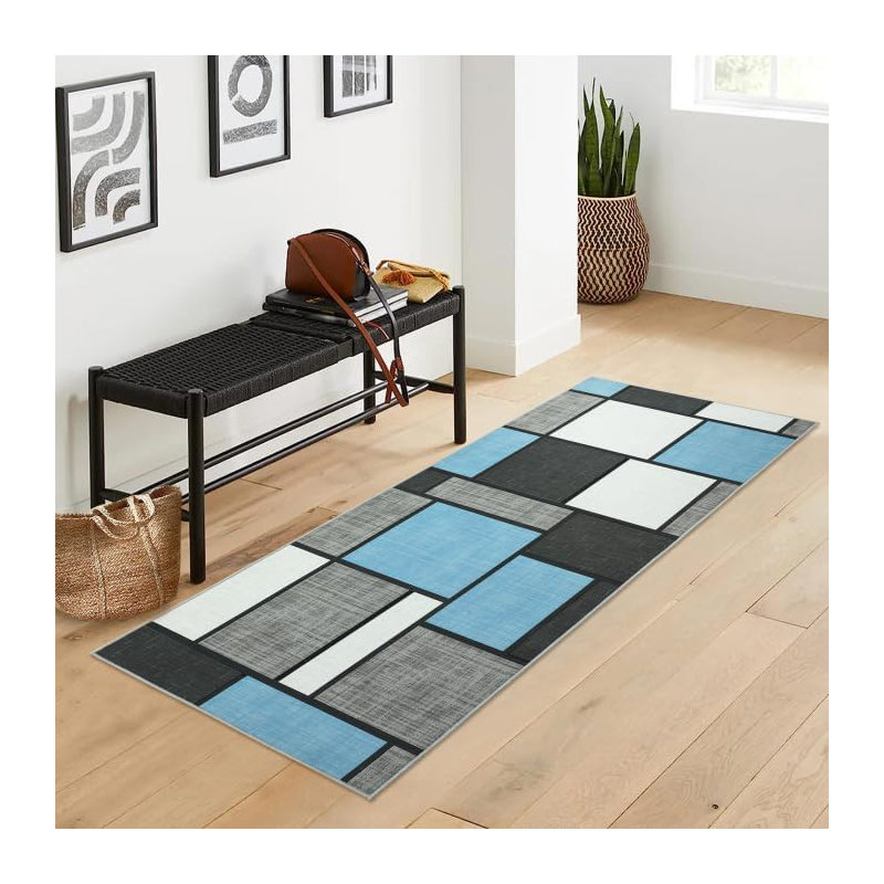 Runner Rug 2x6 Box Design Hallway Rug Non Slip Thin Area Rug Bohemian Farmhouse Low Pile Area Rug, Light Blue, Runner 2' x 6'