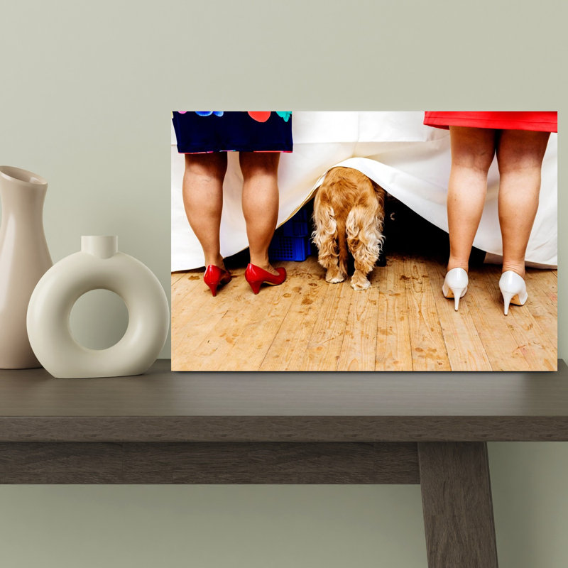 Party Dog Under Table Playful Contemporary Dog Wall Art Print by Kristof Claeys - Print, 30.48cm H x 45.72cm W